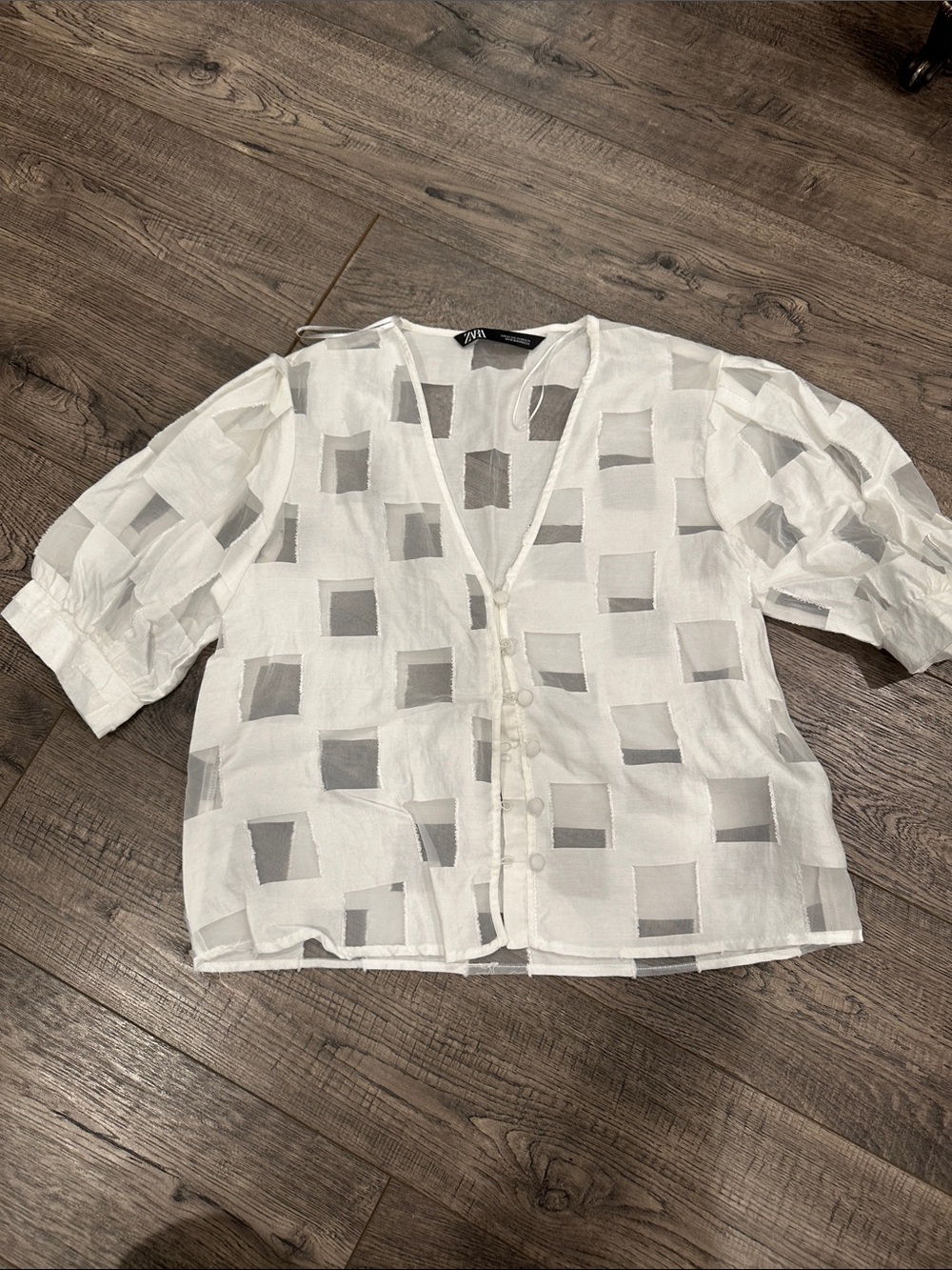 Zara White Sheer Square-Pattern Button-Up Blouse